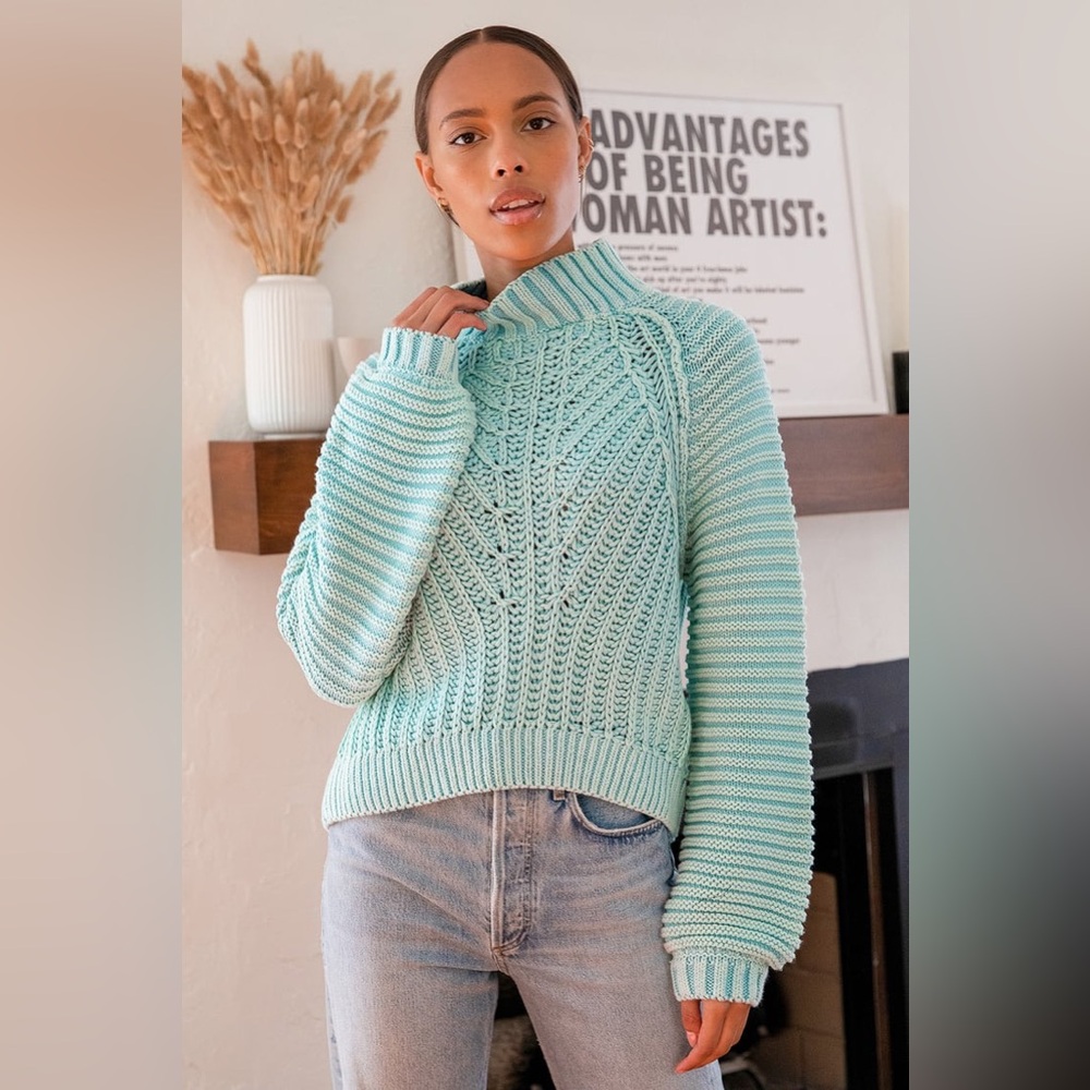 Free People Sweetheart Light Blue Chunky Knit Mock Neck Oversized Sweater